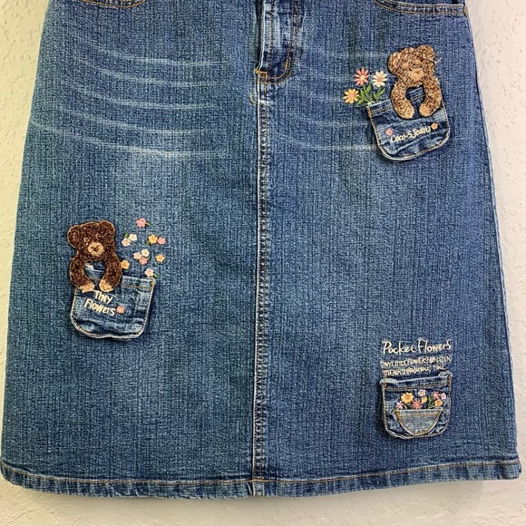 COCO-5‎ Vintage Embroidered Novelty Teddy Bear Flowers Western Denim Midi Skirt - Picture 4 of 14